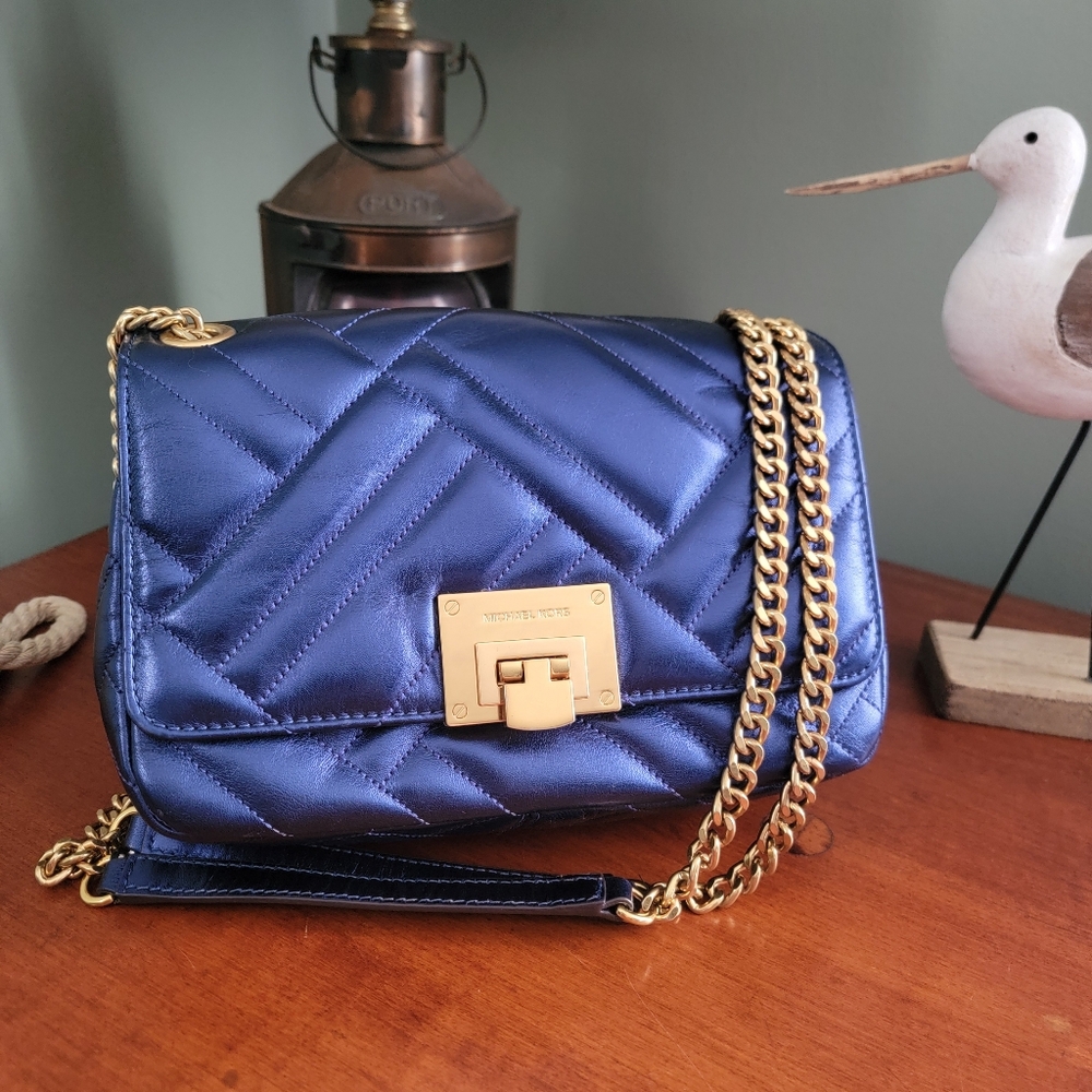 Michael Kors Peyton Metallic Blue Quilted Leather Chain Crossbody Bag